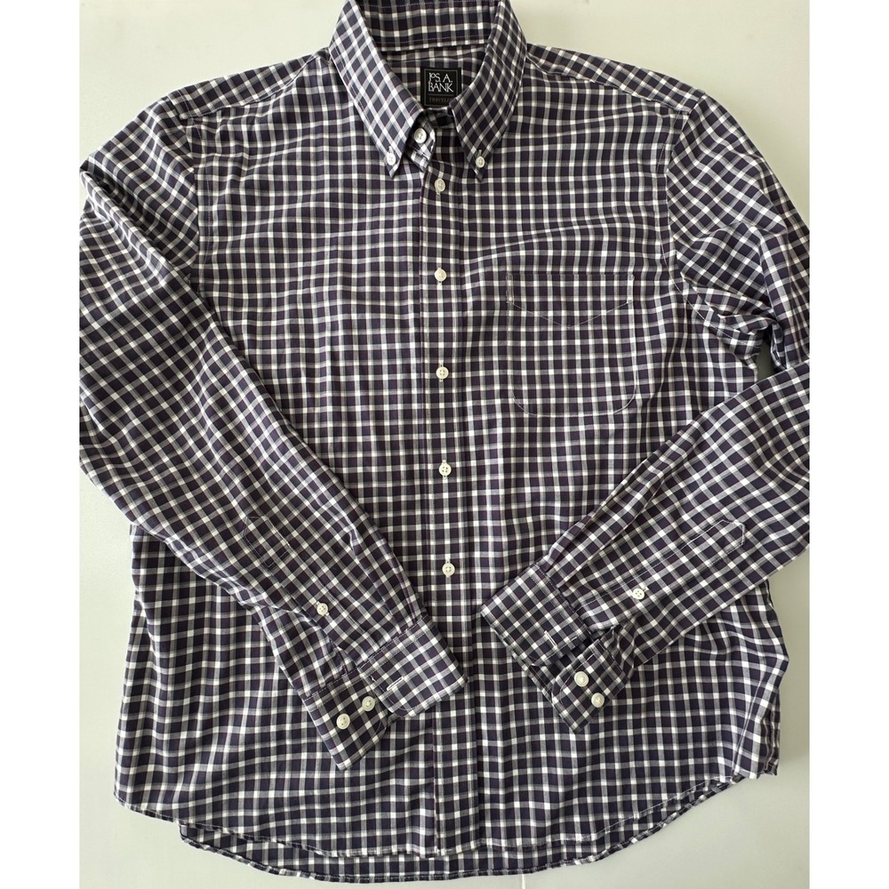 Jos A Bank Traveler Shirt Mens XL Slim Fit Purple Gingham Check Cotton LS